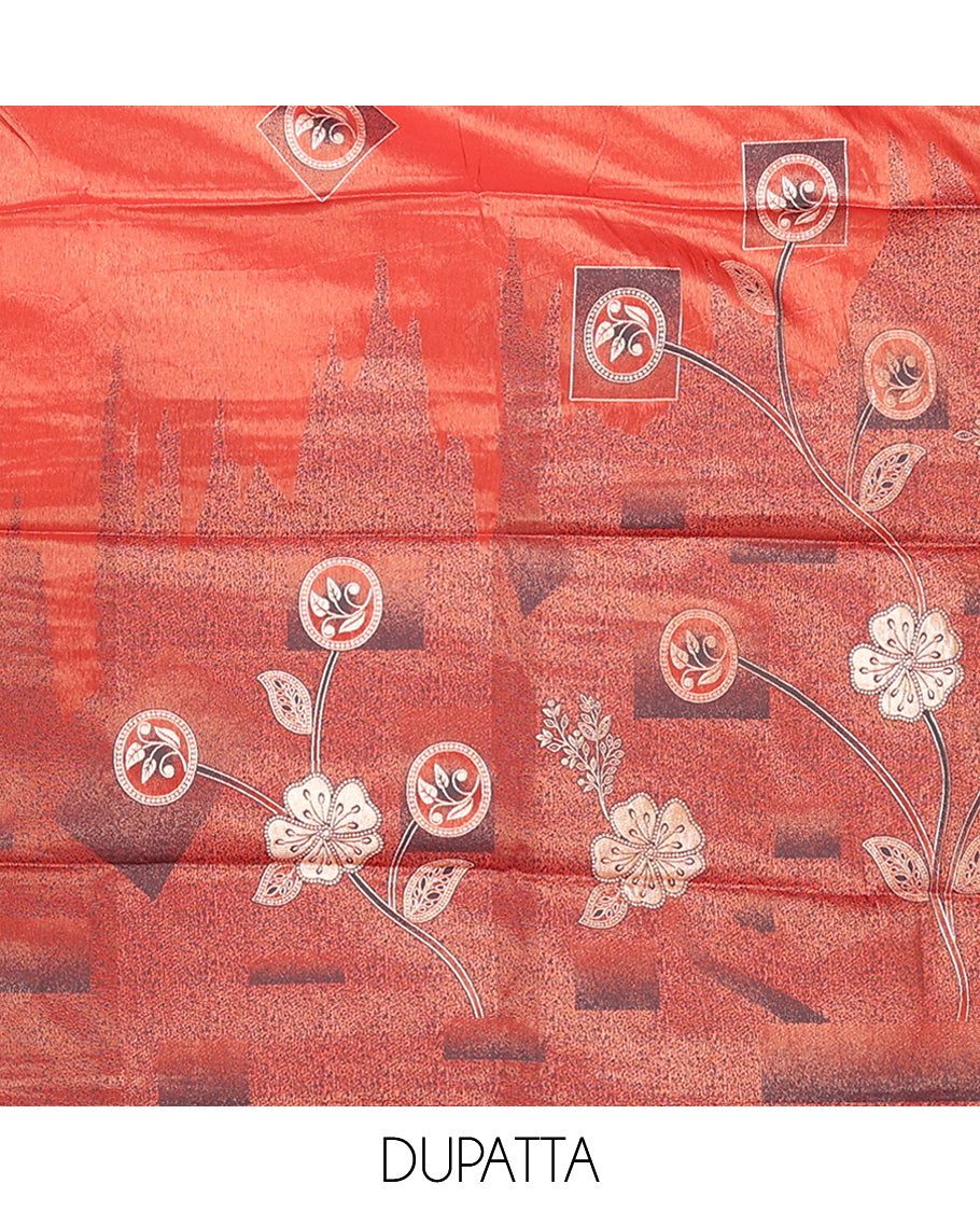 Dark peach chudidhar material chanderi tissue neck weaving thread, floral butta top with satin cotton pants & chanderi tissue zari weaving dupatta