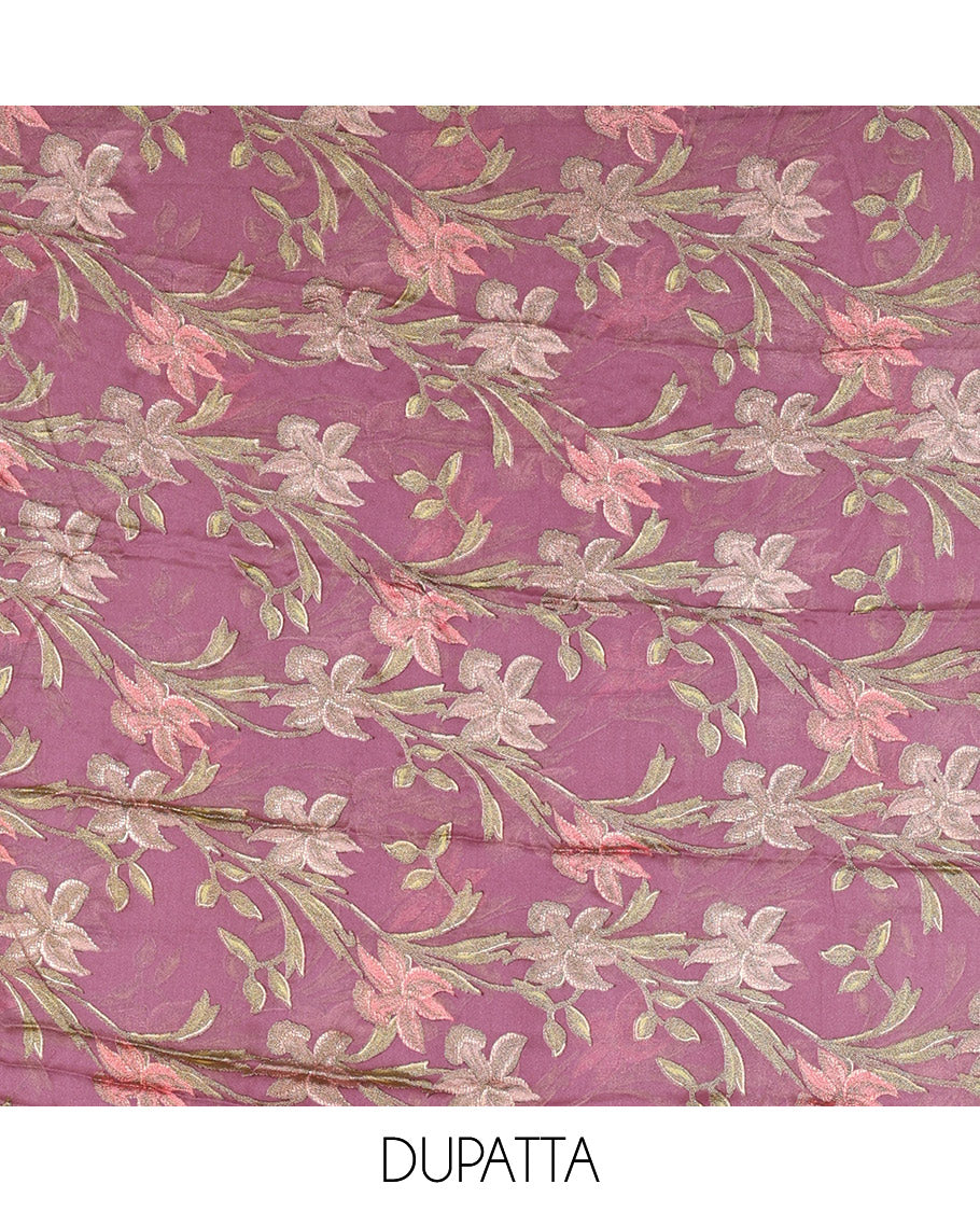 Lavender material chudidar set, plain with fancy thermacol balls neck work Vichitra top, cotton bottom, and floral printed dupatta