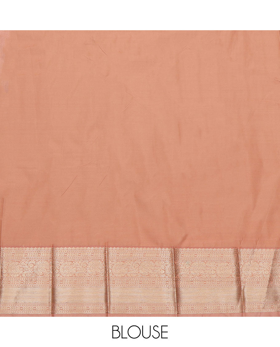 Orange Budget Silk Saree, Dazzled with Zari Buttas All Across Its Body, Complemented by a Contrast Traditional Zari Design Border, Pallu of Checked Designs, and Paired with a Contrast Blouse