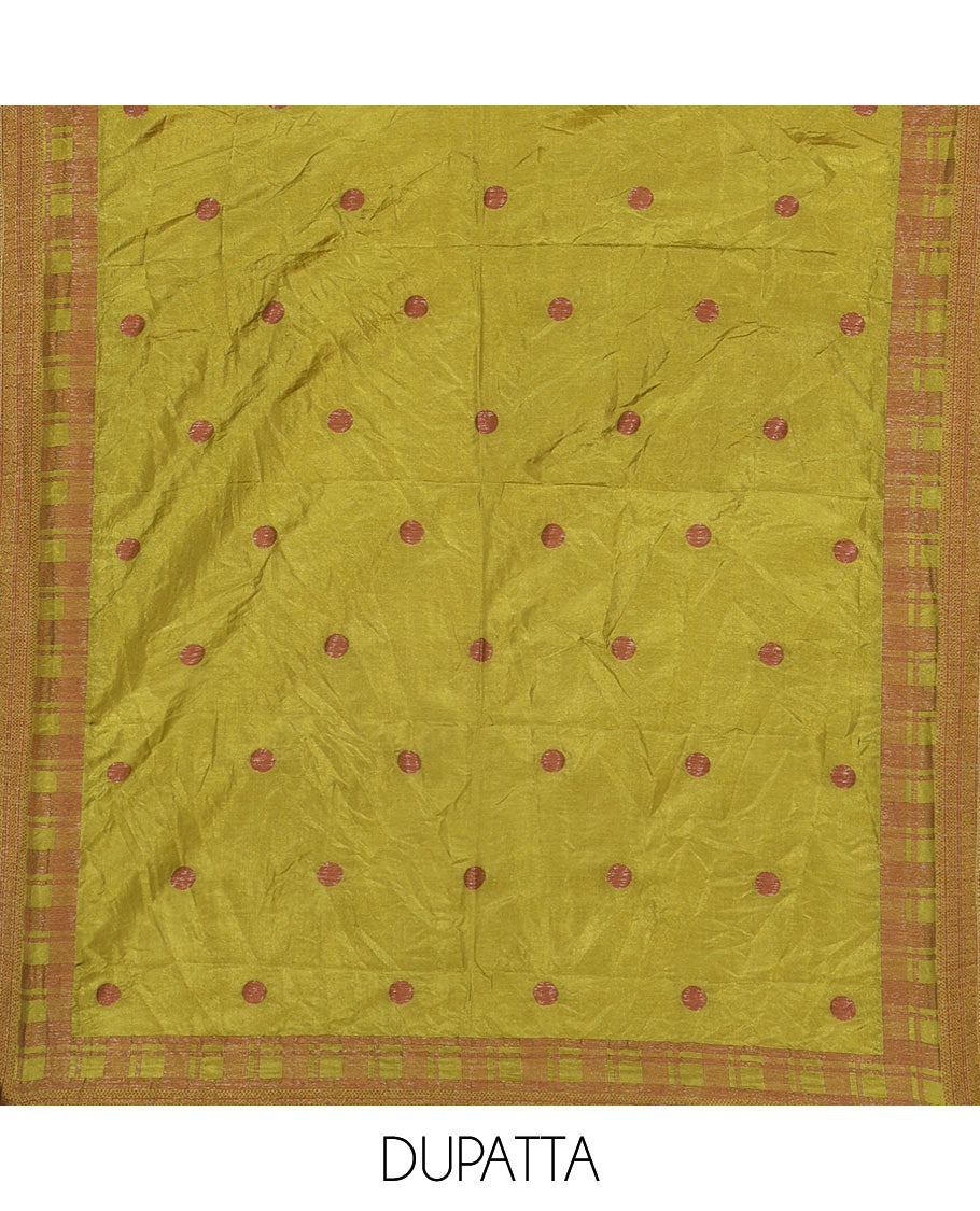 Green Material Chudidar Set Embellished with Copper Zari Checks Semi-Modal Silk Top, Subtly Made Plain Santoon Bottom, and a Semi-Modal Dupatta Featuring Polka Dots in Zari