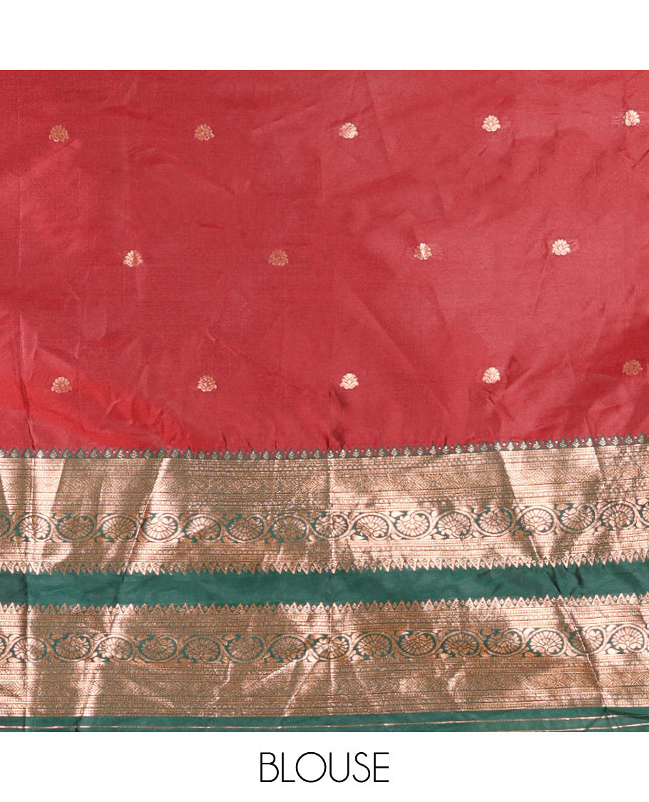 Maroon and Green Semi-Banarasi Half-Saree Featuring Zari Buttas Skirt, Complemented by Contrast Rettai Pettu, Traditional Border of Floral Creeper Designs, Paired with a Matching Blouse, and a Satin Georgette Embroidered Scallop Dhavani