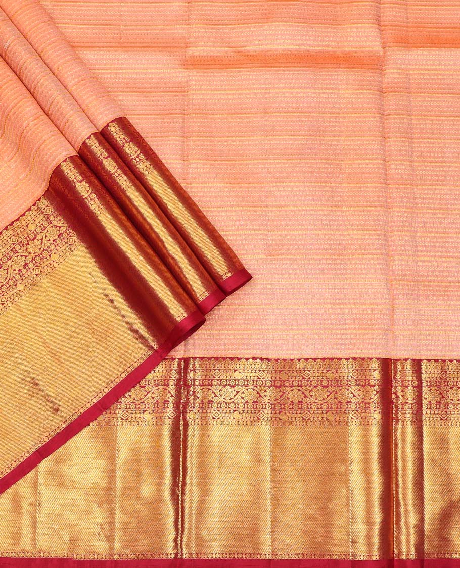 Peach floral striped design pure silk half saree with contrast zari design, zari design blouse & intricate floral design dhavani