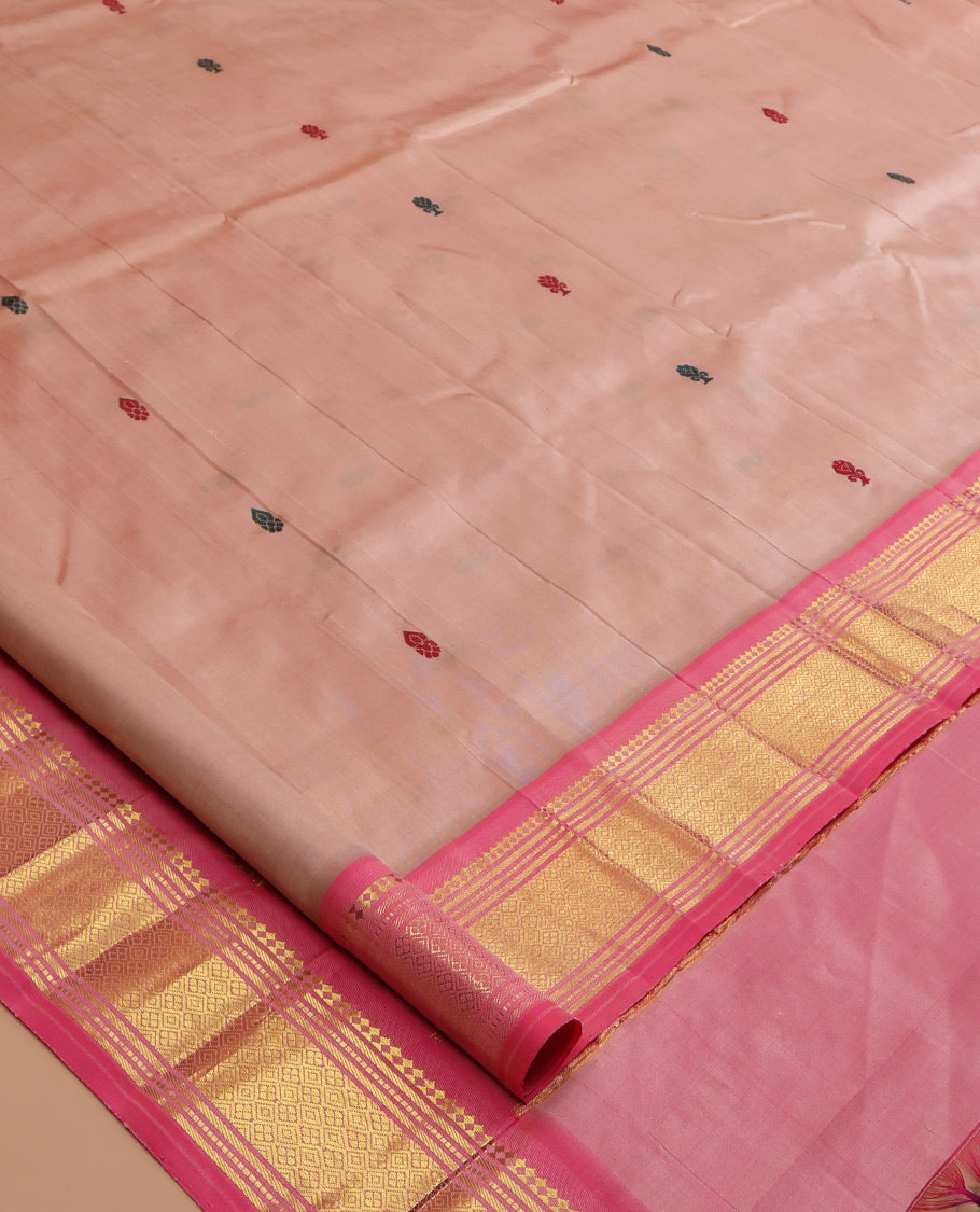 Pink Kanchipuram Silk Saree, Woven with Thread Buttas, a Contrast One-Sided Border of Panner Sombu, Banaras, Muthu, and Jaal Designs, Zari Design Pallu, and No Blouse
