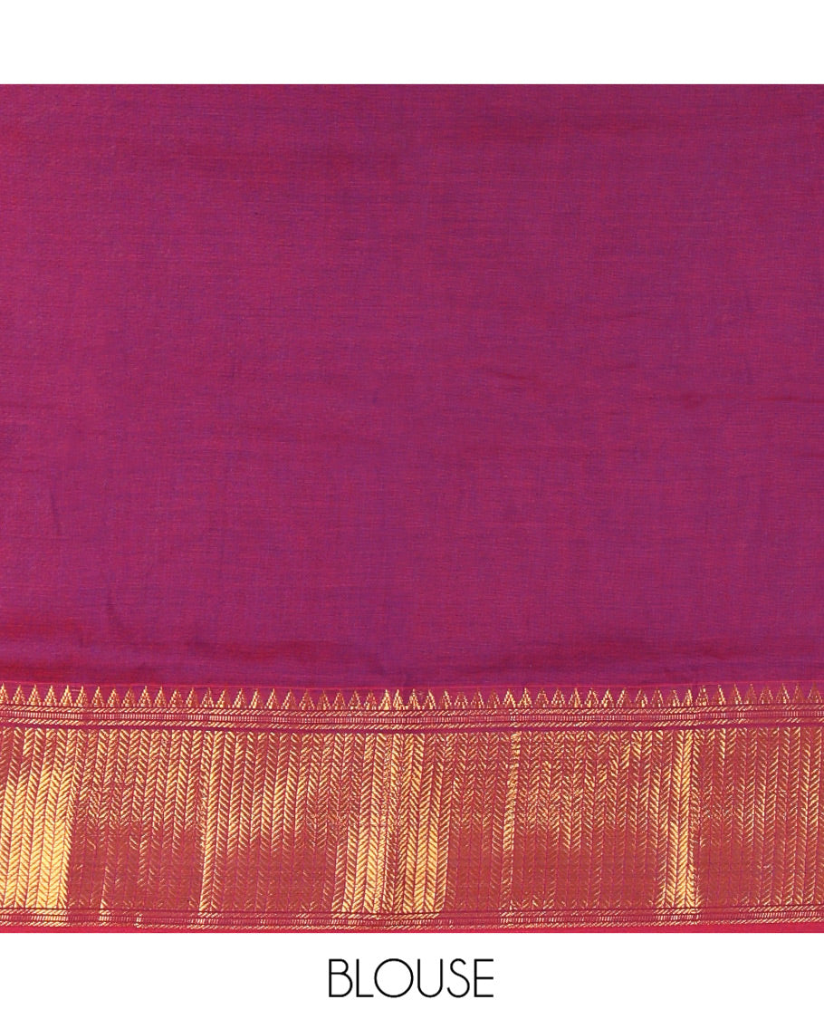 Magenta Mercerised Cotton Half-Saree Features Plain with Contrast Traditional Zari Temple Bordered Skirt, Paired with a Matching Blouse, and Comes with a Contrast Zari-Bordered Dhavani