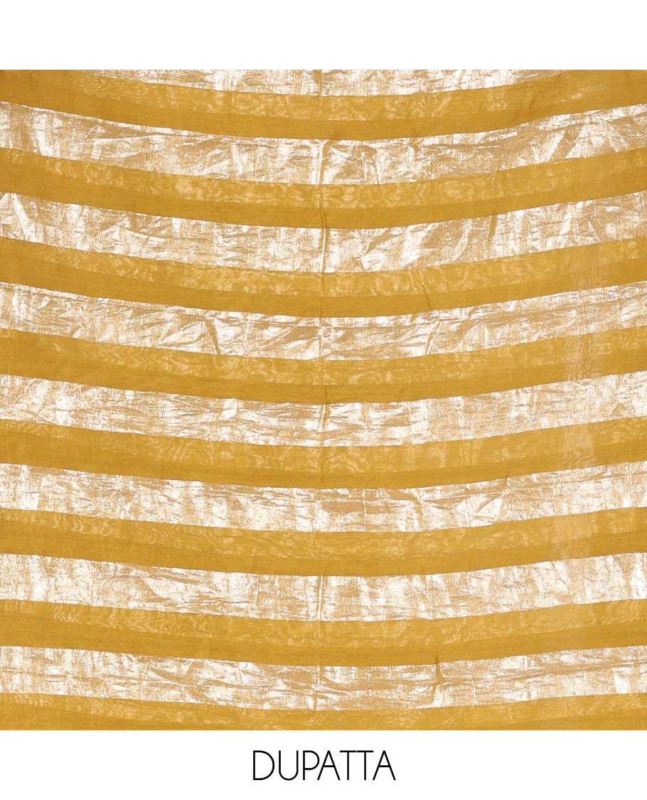 Mustard material chudidar set, plain with pom-pom tasseled mul chanderi top, a matching bottom, and organza dupatta of stripes