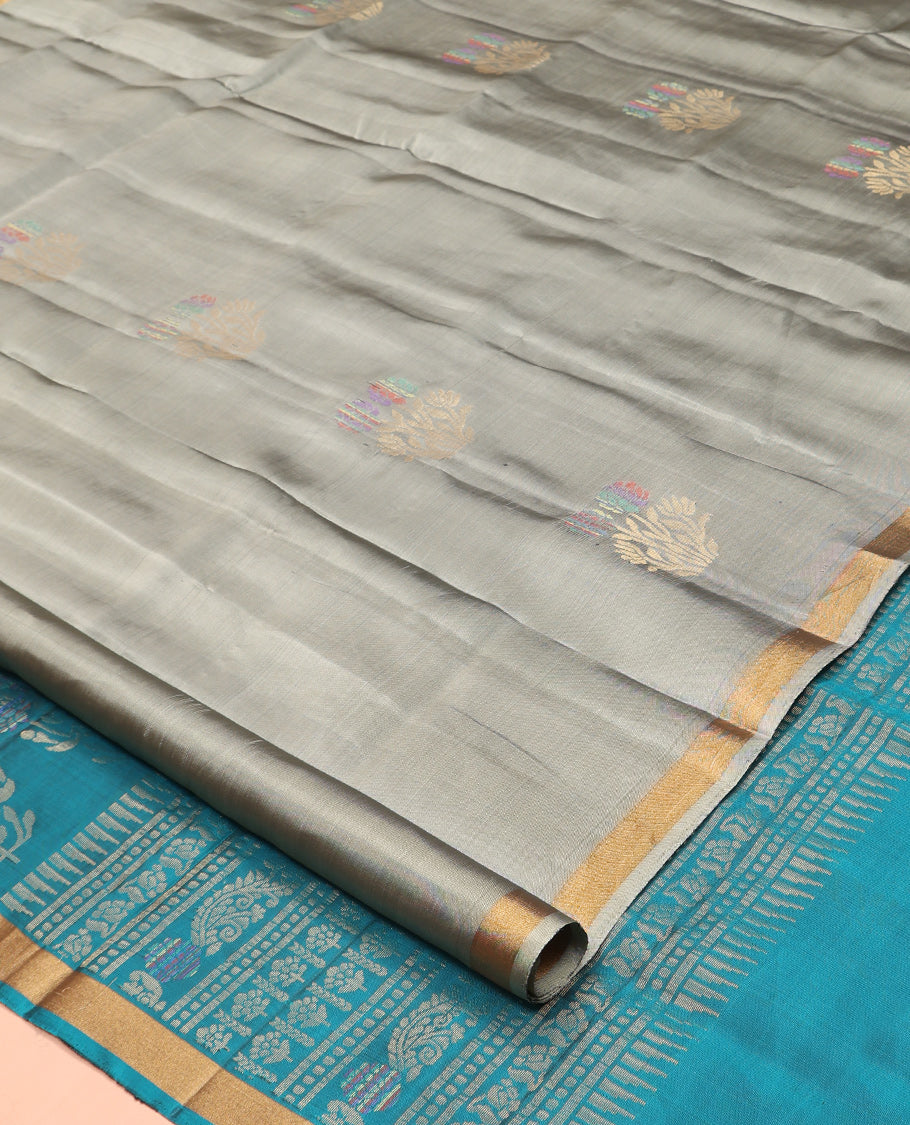 Grey Mayuri Lite Silk Mix Saree, Subtly Sparkled with Meena Buttas, a Subtle Zari Border, Contrast Intricate Pallu, and a Contrast Blouse