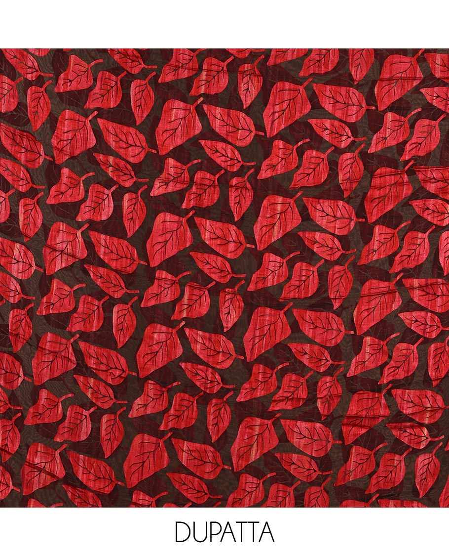 Black and red material churidar set, neck leaf print with mirror work Vichitra silk top, plain santoon bottom, and leaf printed shimmer georgette dupatta