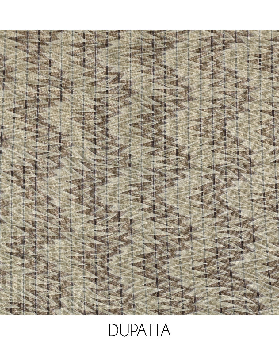 Bottle green Vertican silk material chudidar set, ikkat chevron striped with mirror neck embroidered top, santoon bottom, and contrast chevron striped dupatta