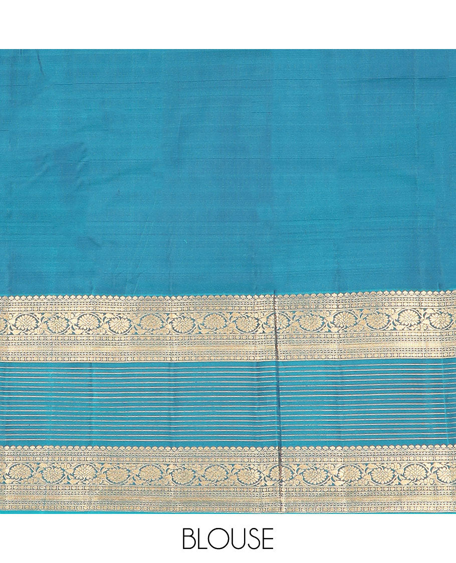 Blue zari buttas vasundhara silk mix saree, contrast geometric pallu & border of thilakam mokku,neli,poun,stripes & kodi visiry