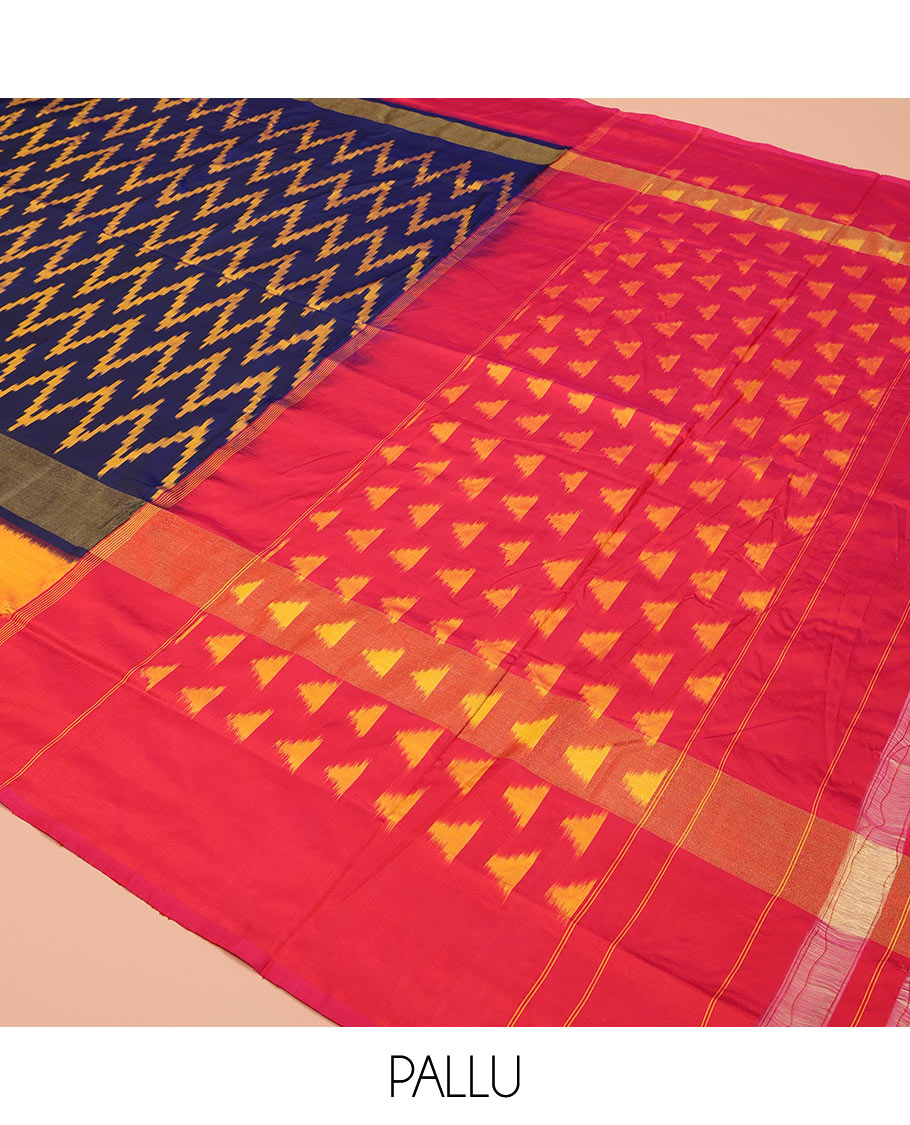 Blue Ikkat Silk Saree, Delicately Woven with Chevron Designs All Over Its Body, Complemented by a Contrast Border, Pallu Steeped with Temple Designs, and Paired with a Contrast Blouse