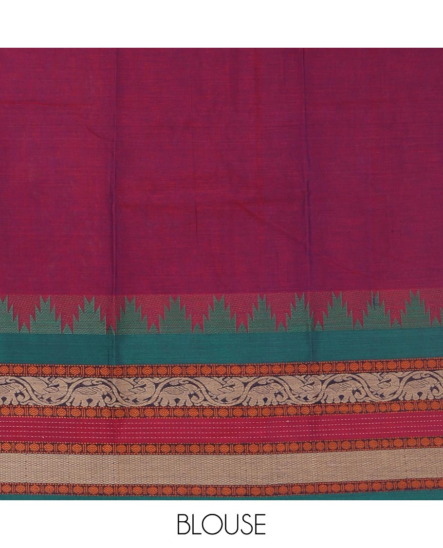 Magenta mercedised cotton half-saree, contrast traditional resham thread border skirt, matching blouse & contrast green thread border georgette dhavani
