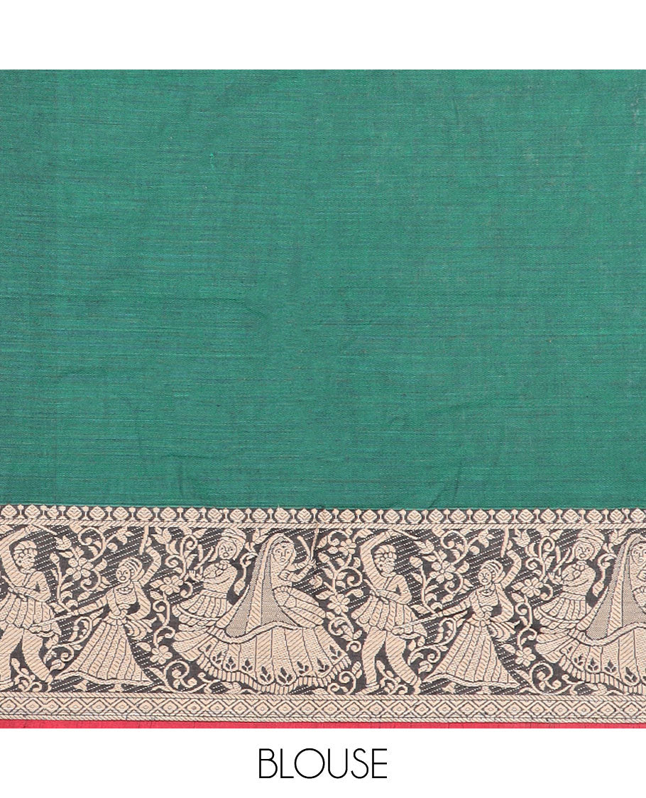 Green cotton half saree with contrast wedding design border, zari design blouse & plain , zari design border dhavani