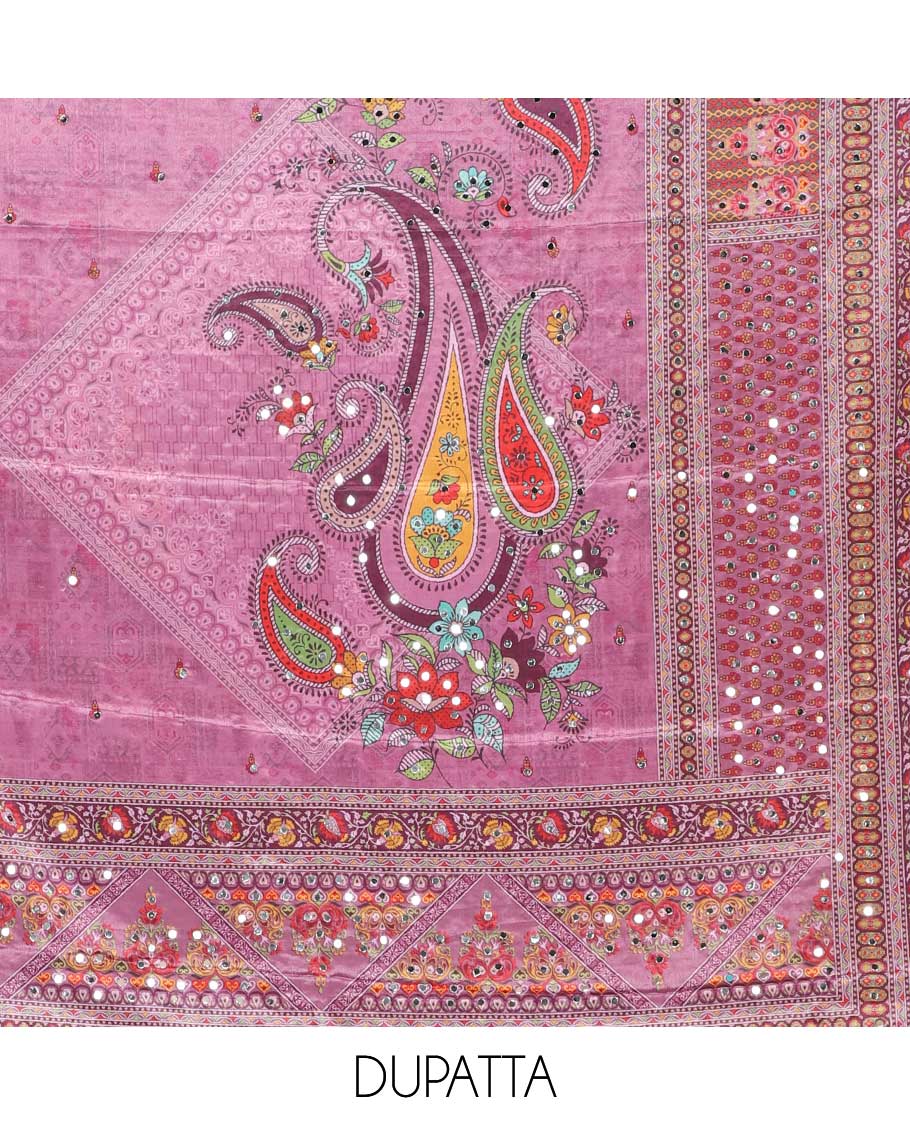 onion pink jacquard ajrak, stone, mirror work crepe chudidhar material top with american crepe pant & chinnon material ajrak digital print , mirror work dupatta