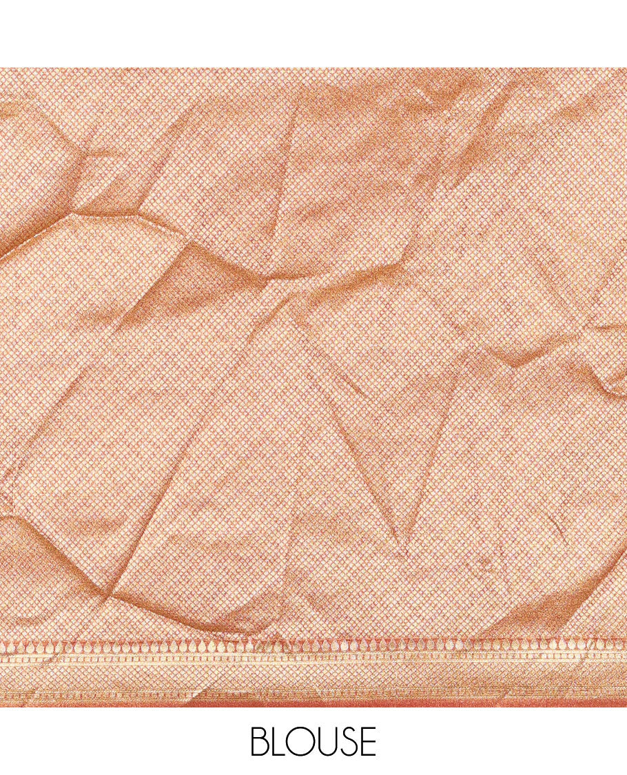 Chikku and rust half-saree, zari checked with contrast traditional zari bordered banarasi skirt, jacquard blouse, and a contrast zari bordered syska georgette dhavani