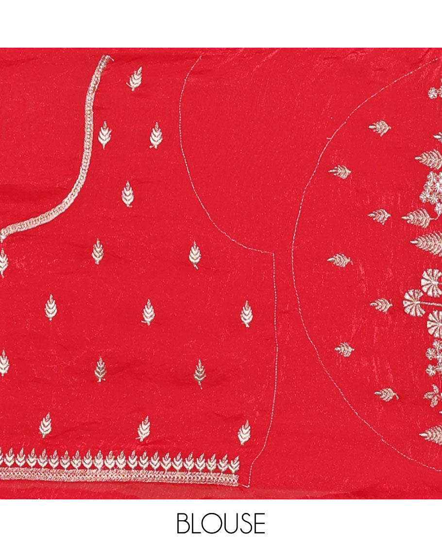 Red half-saree, floral and bird motifs embroidered velvet organza top, matching embroidered blouse, and contrast scallop embroidered syska georgette dhavani