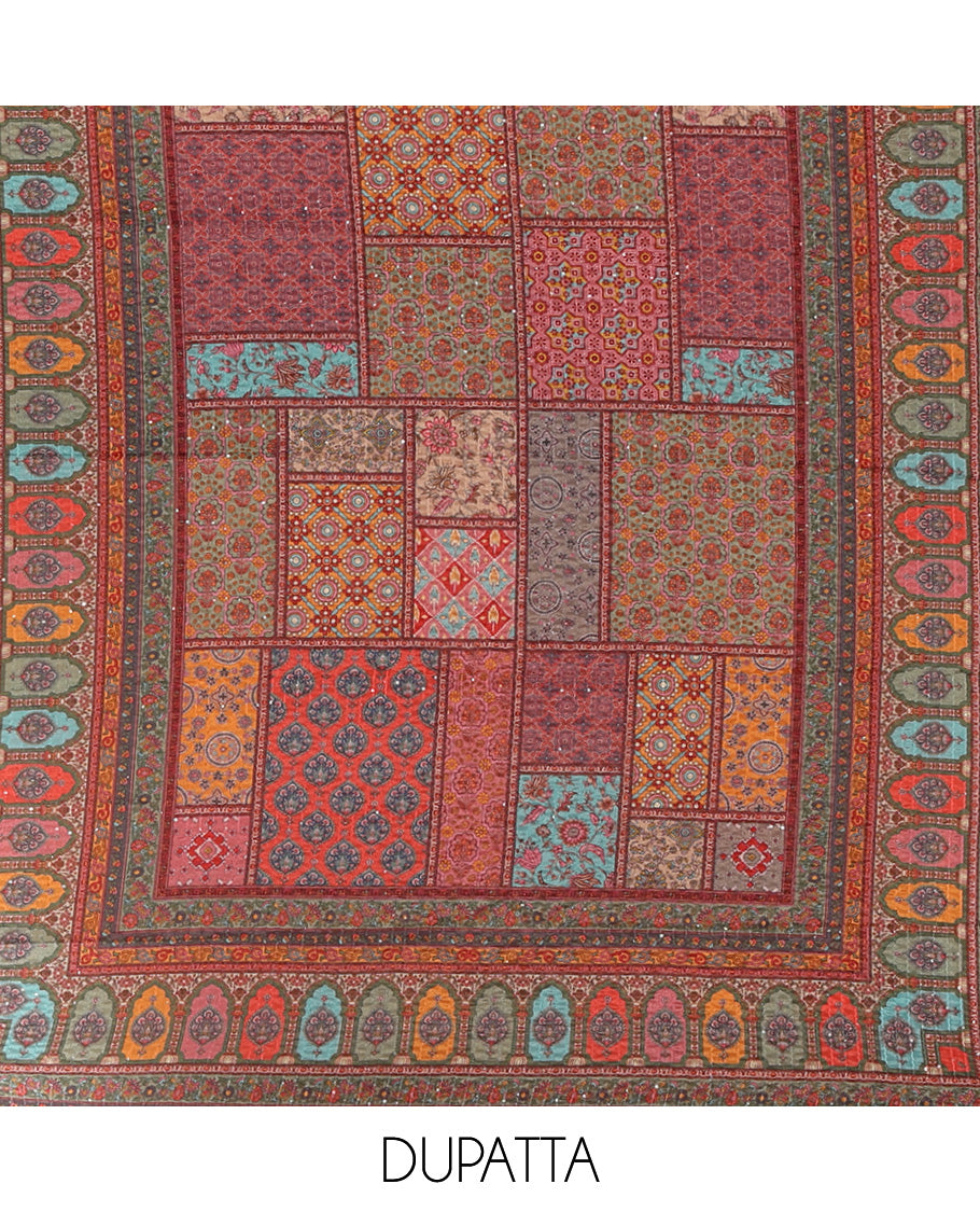 Multi-color churidar material set, ajrakh-printed & sequins work crepe top, kalidoscopic-colored dupatta of ajrakh print & sequins work & plain crepe bottom