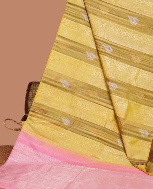 Borderless mustard buttas Kanchipuram silk saree, contrast intricate designs woven pallu