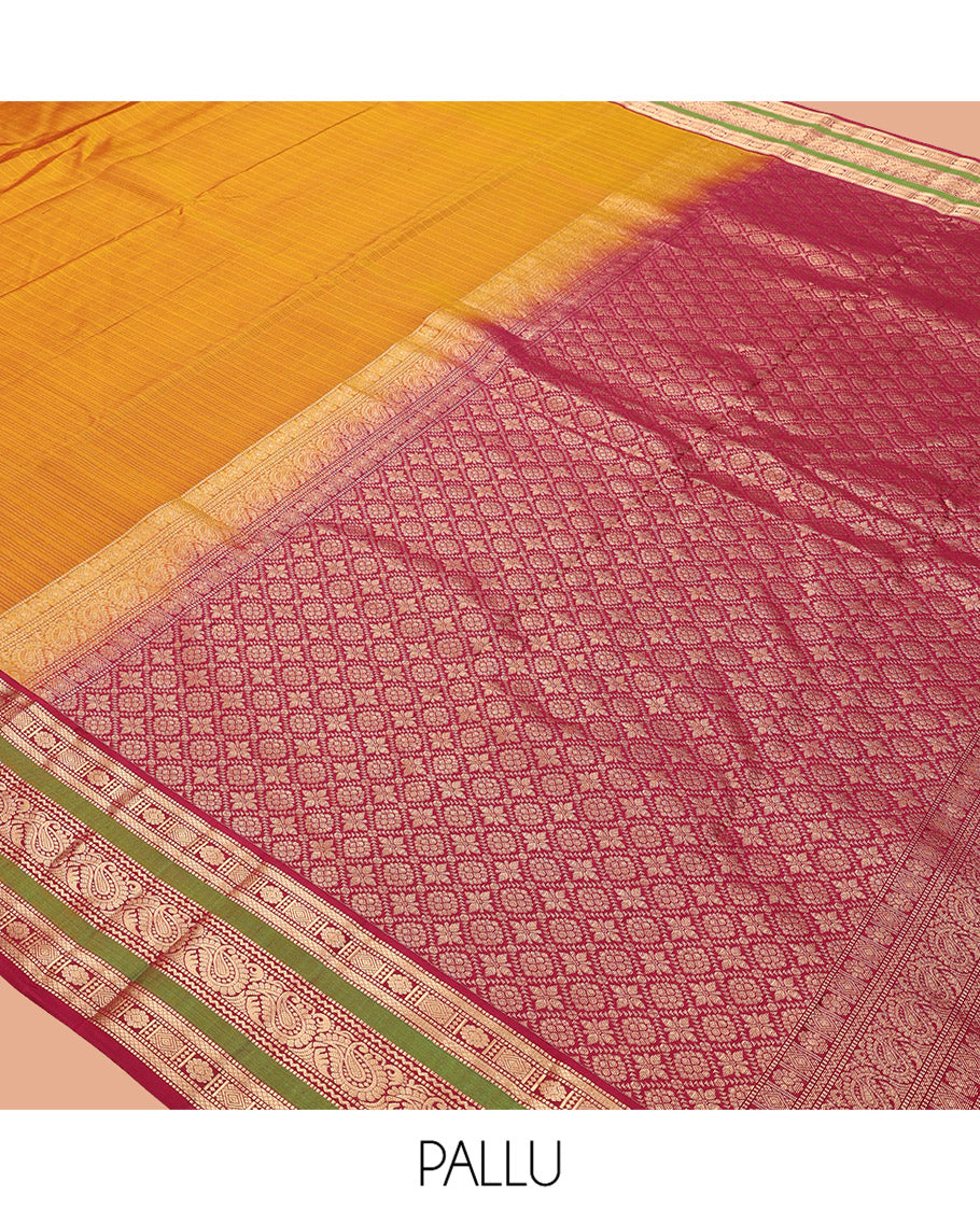 Mustard Striped Vasundhara Silk Saree, Contrast Traditional Border, Jaal Pallu, and Contrast Blouse