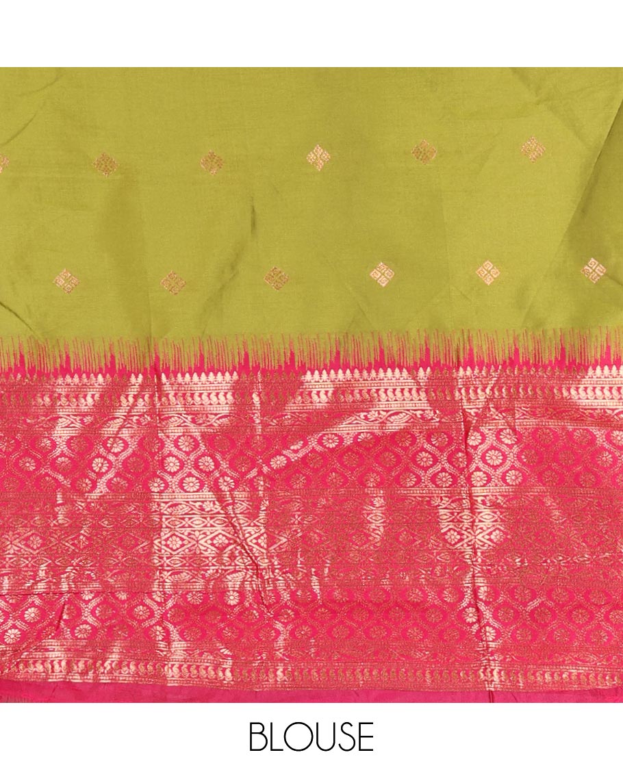 Green taffeta silk half saree, zari buttas with contrast red traditional zari border skirt, matching zari design blouse, and contrast plain zari border syska georgette dhavani