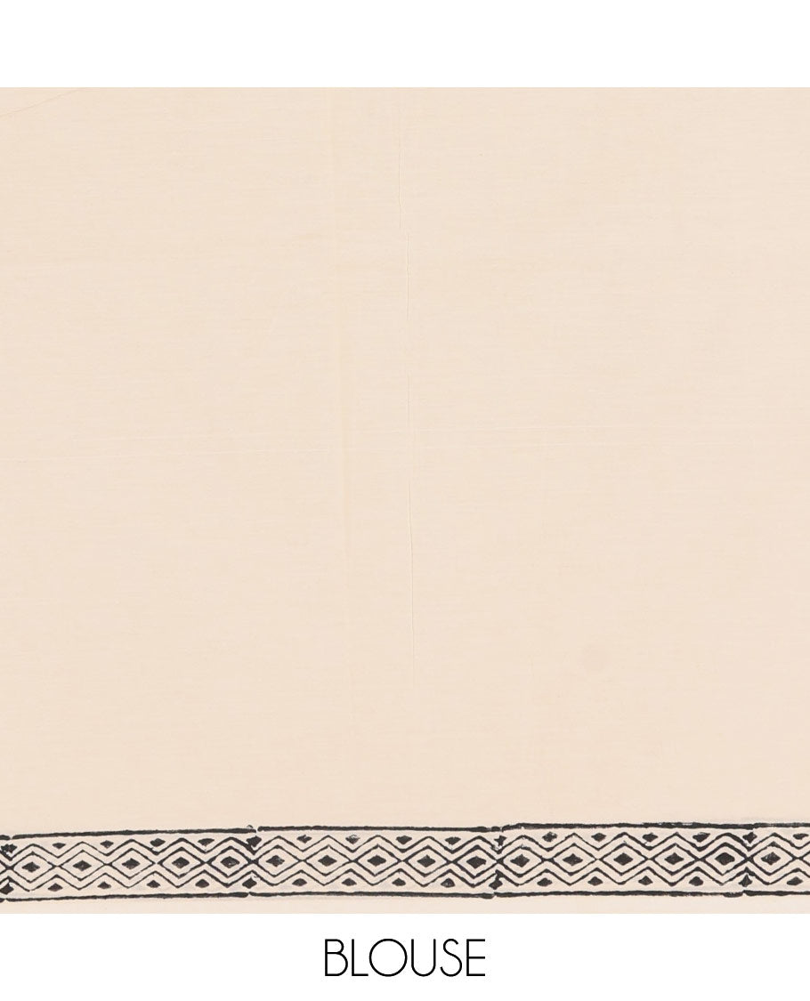 Cream plain South cotton saree, umbrella, and elephant motifs block printed border, block printed pallu, a matching blouse and a contrast floral vine block printed blouse