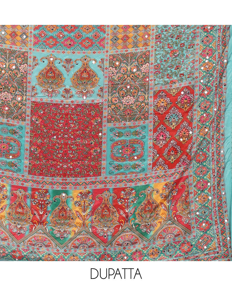 Peacock green crepe masakali material chudidar set,geometric print & mirror embroidery top,plain bottom & multi-color geometric print & mirrorwork dupatta