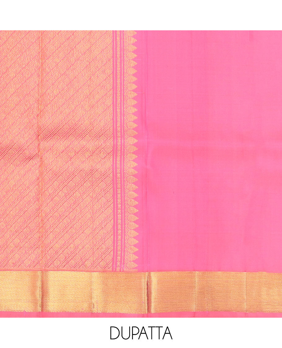 Light pink floral jacquard pure silk half saree with contrast intricate zari design border, zari design blouse & floral zari design dhavani