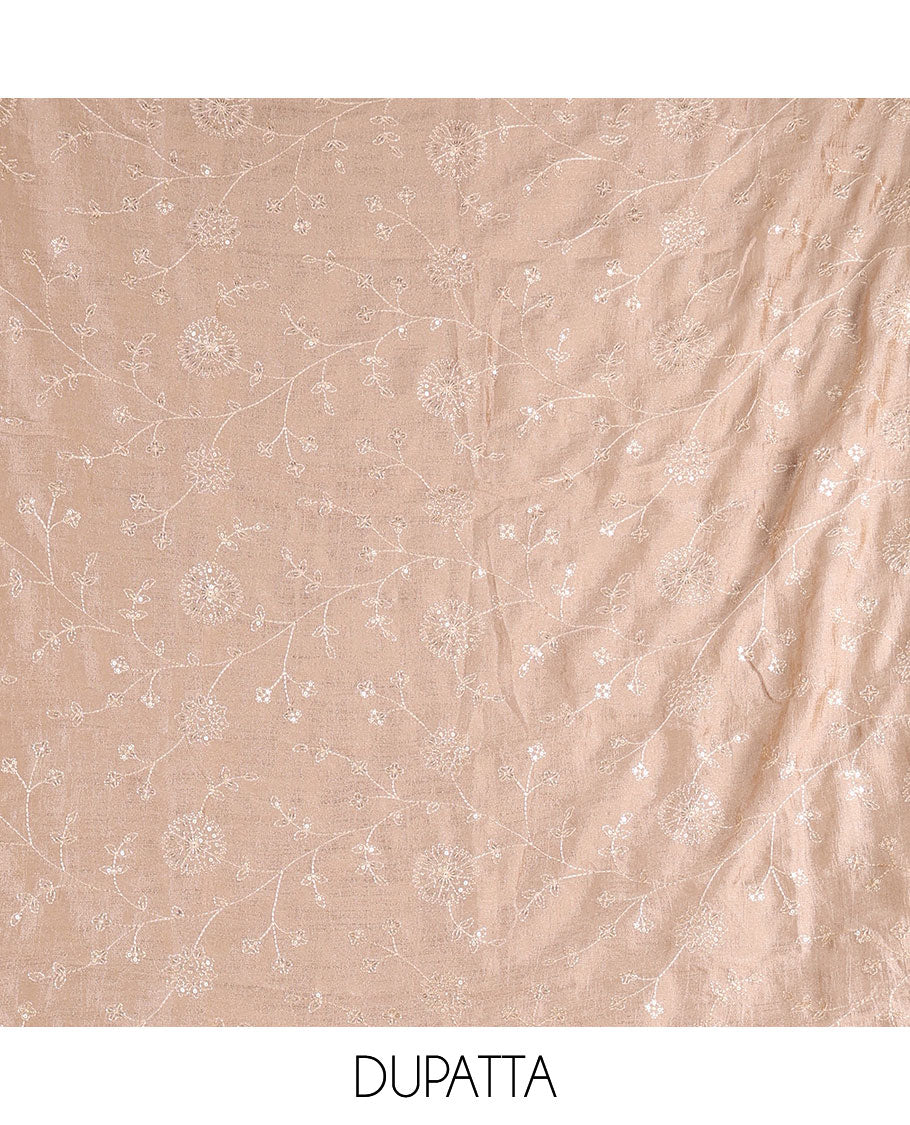 Dark brown Vichitra silk material churidar set, floral motifs embroidered top, contrast Santoon bottom, and floral vine thread embroidered scallop dupatta