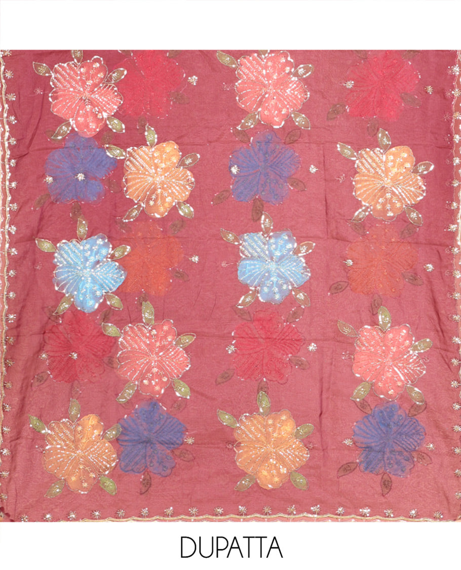 Wine Vichitra Silk Material Chudidar Set, Highlighted by Pom-Pom Necklined Top, a Plain Santoon Bottom, and Paired Scallop Multi-Color Floral Embroidered Organza Dupatta