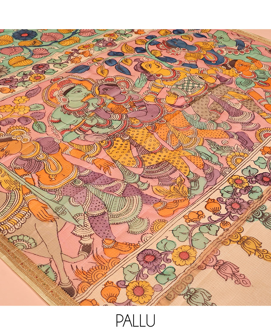 Green Floral-Peacock Pen Kalamkari Silk Saree, Contrast Floral Print Zari Border, Ancient Motif Pallu, a Contrast Blouse