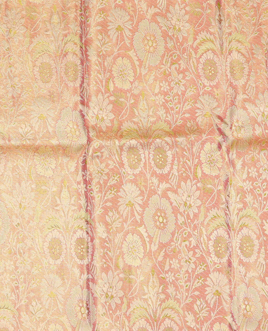 Light pink floral jacquard pure silk half saree with contrast intricate zari design border, zari design blouse & floral zari design dhavani
