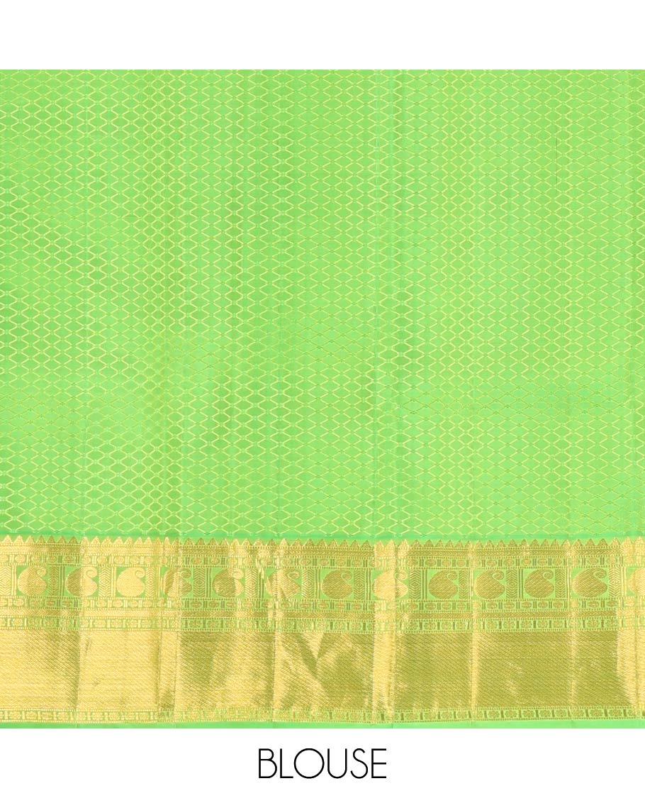 Green Kanchipuram Wedding Silk Saree, Entralled with Jacquard Design On Its Body, Highlighted by Zari Border of Rekku, Kathir, Muthu, Manga and Zari Stripes, Grand Pallu and Paired with a Matching Blouse