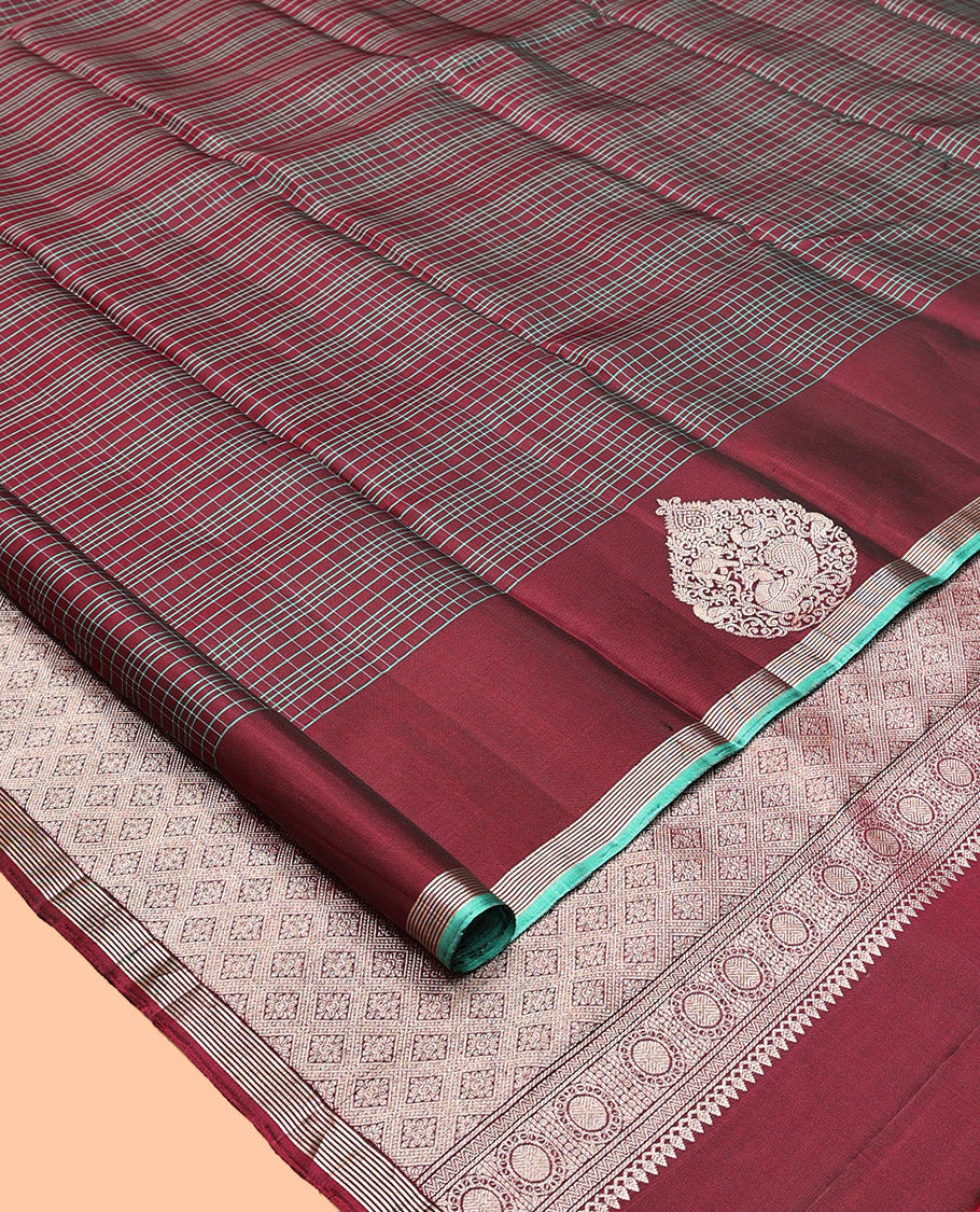 Maroon Checked Kanchipuram Silk Saree, a Self-Border of Unique Motifs, Grand Jaal Pallu, and a Matching Blouse