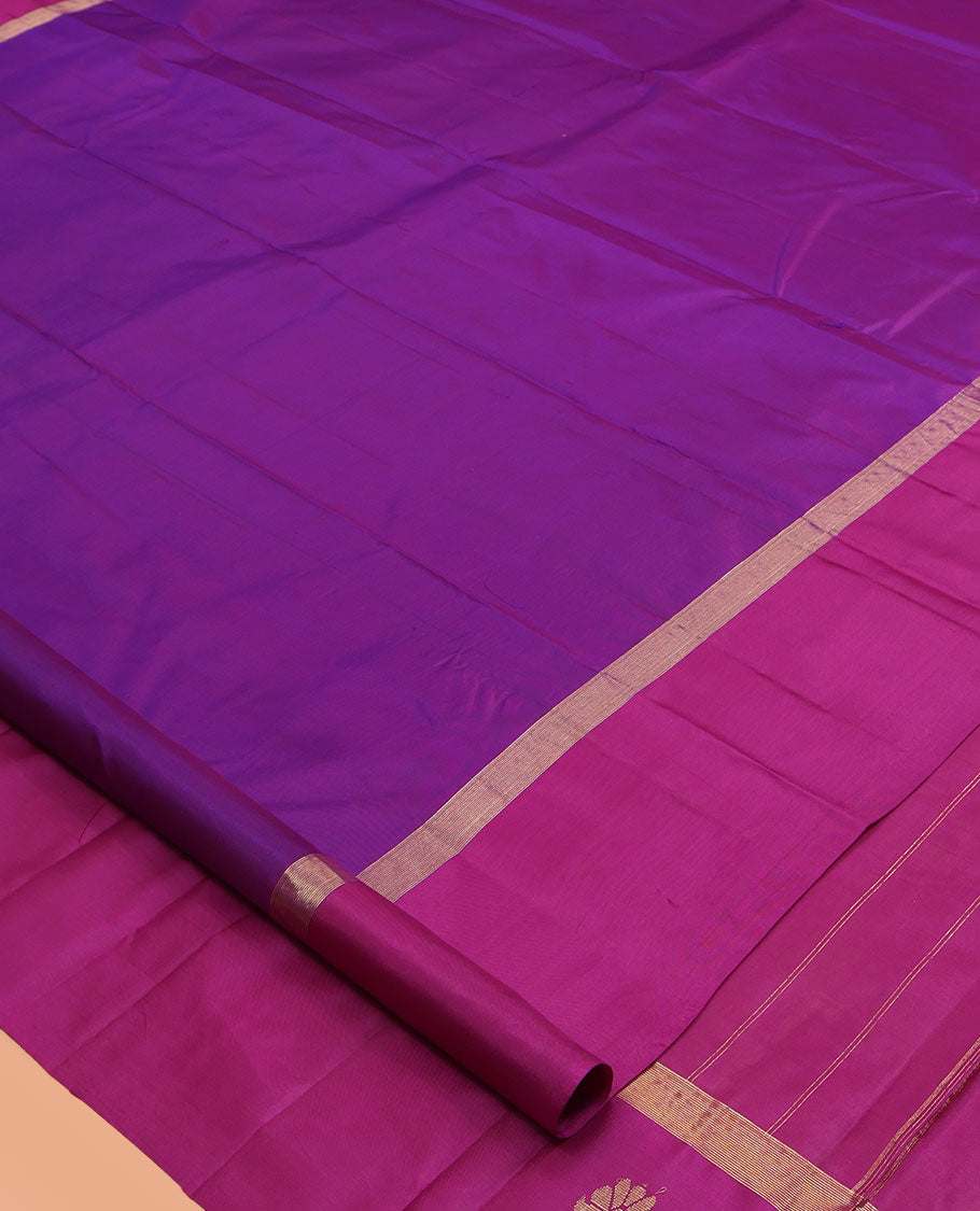 Purple Kanchipuram Silk Saree, Woven with Zari Buttas, a Contrast Zari Buttas Woven Border, Zari Design Pallu, and a Contrast Blouse