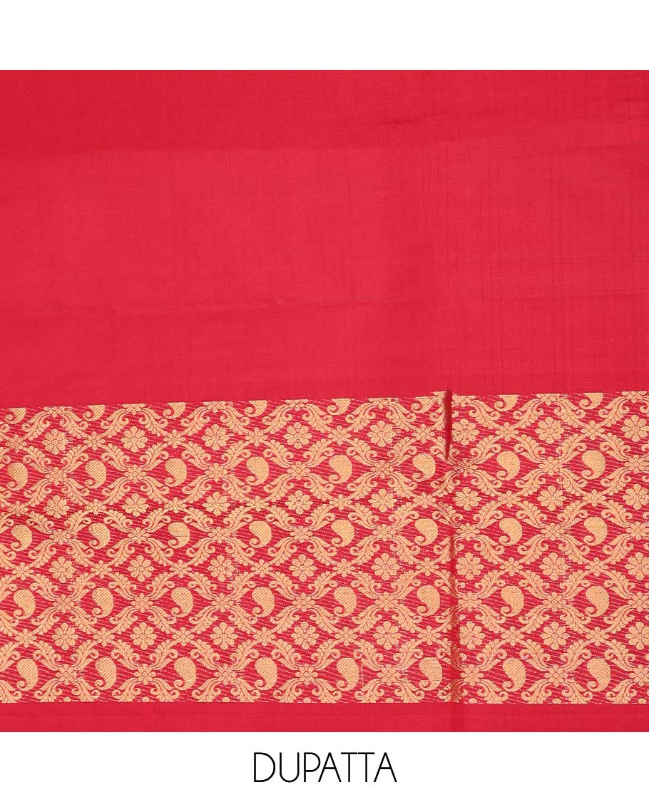 Peach floral striped design pure silk half saree with contrast zari design, zari design blouse & intricate floral design dhavani