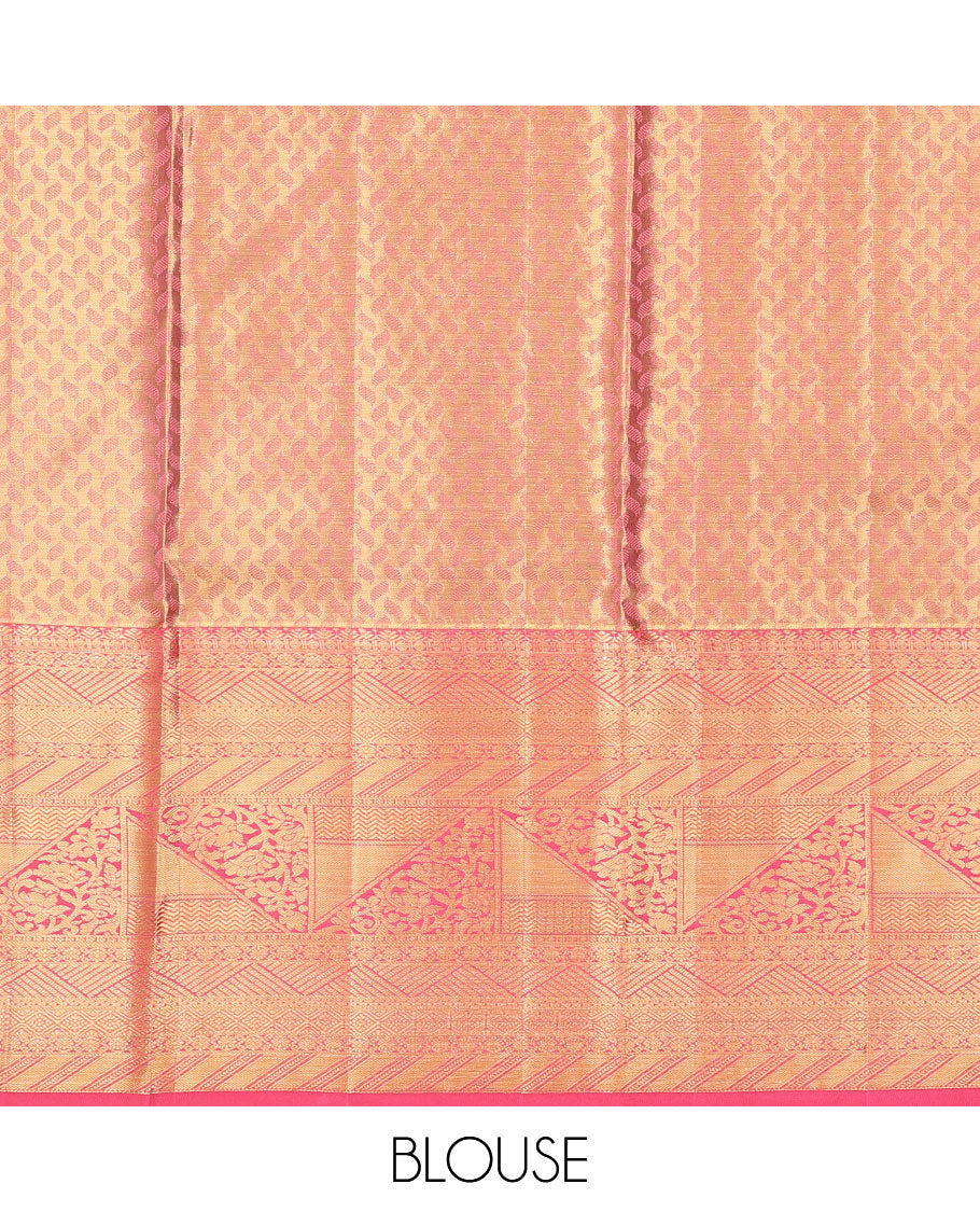Light pink floral jacquard pure silk half saree with contrast intricate zari design border, zari design blouse & floral zari design dhavani