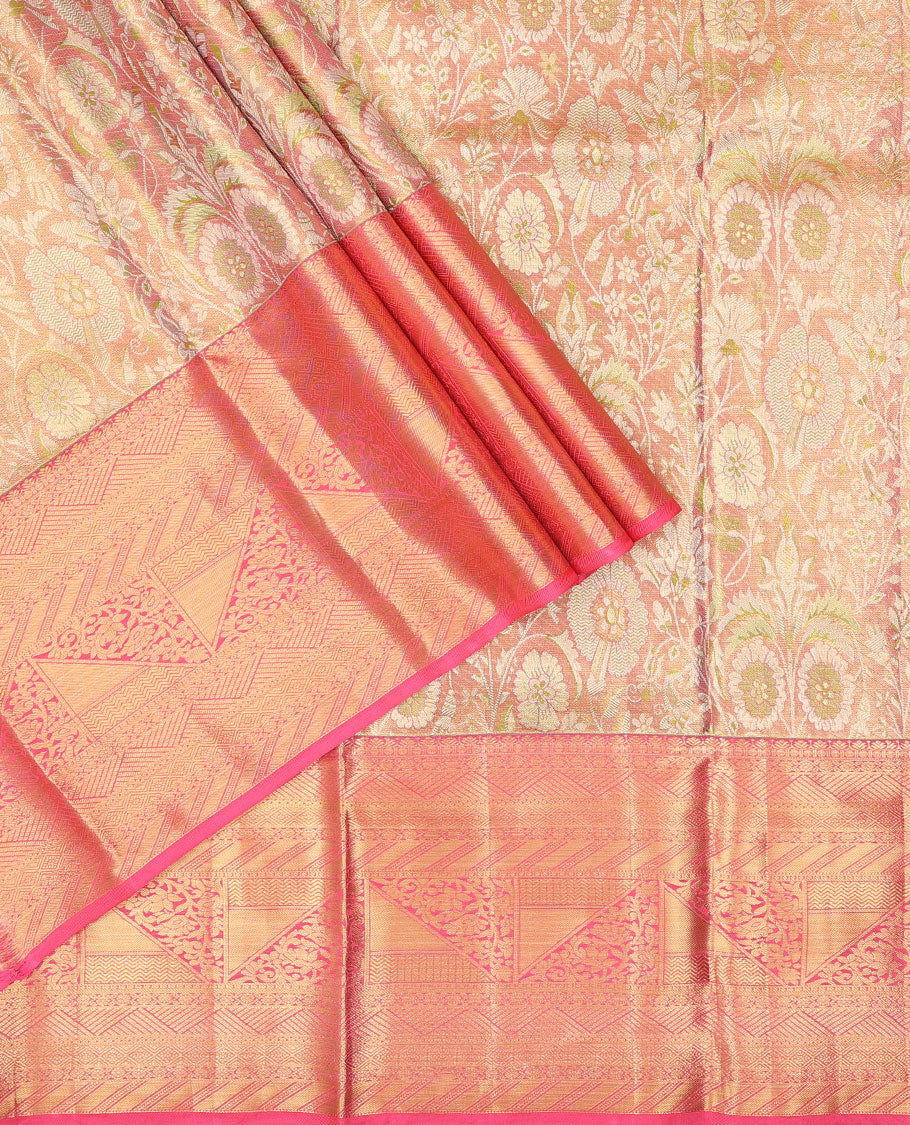 Light pink floral jacquard pure silk half saree with contrast intricate zari design border, zari design blouse & floral zari design dhavani