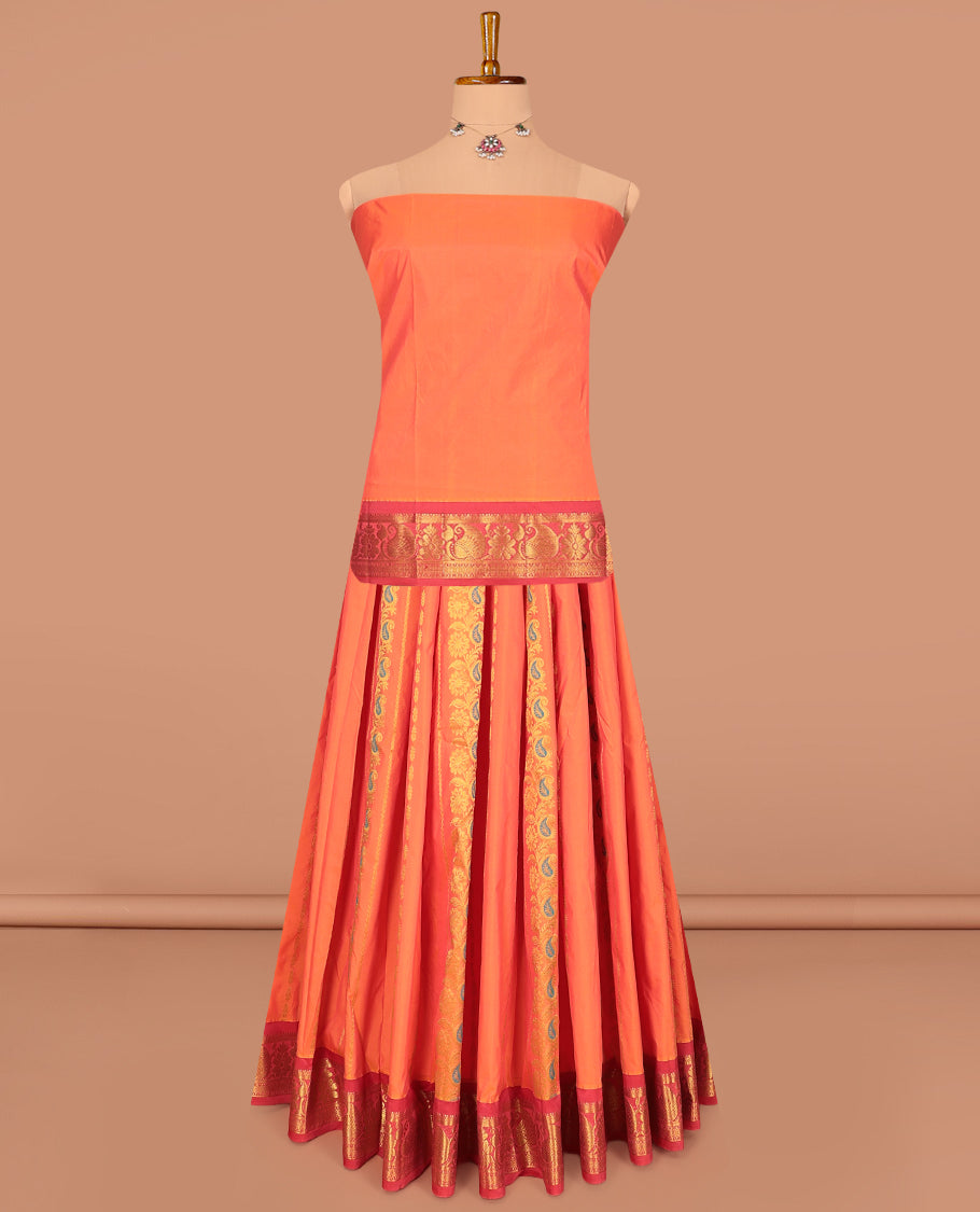 Orange Art Silk Pavadai Material Set, Finely Crafted with Zari Designs on Its Skirt, Complemented by a Contrast Traditional Zari Border, and a Matching Blouse