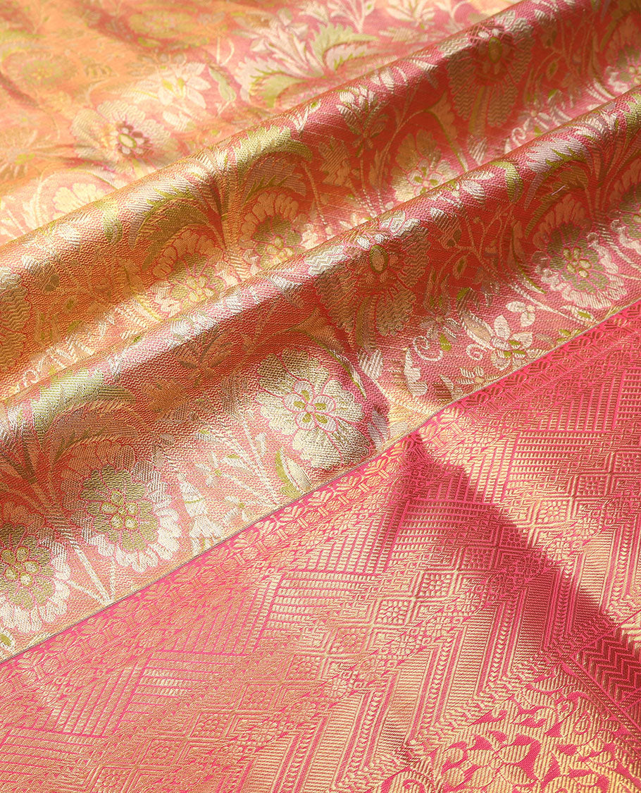 Light pink floral jacquard pure silk half saree with contrast intricate zari design border, zari design blouse & floral zari design dhavani