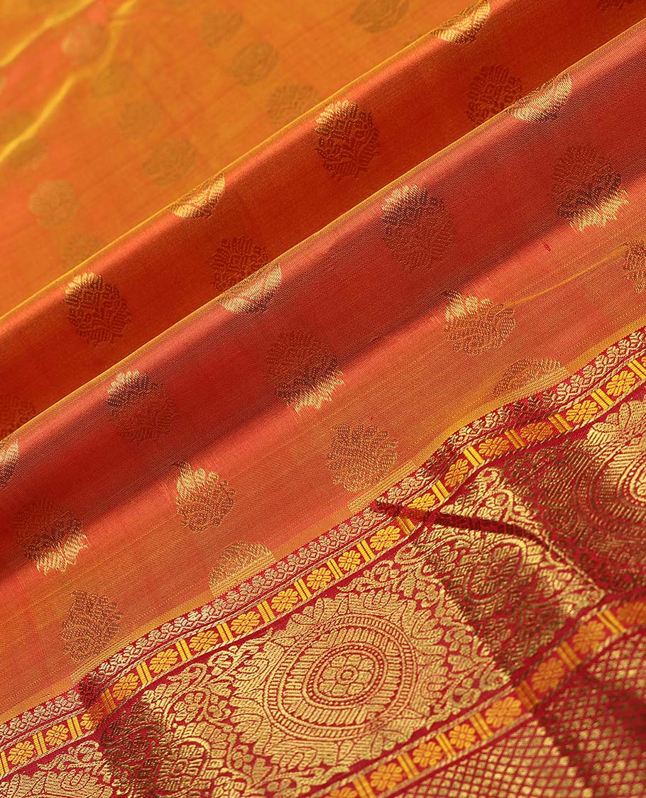 Orange floral buttas pure silk half saree with contrast traditional design border, zari design blouse & floral zari design dhavani