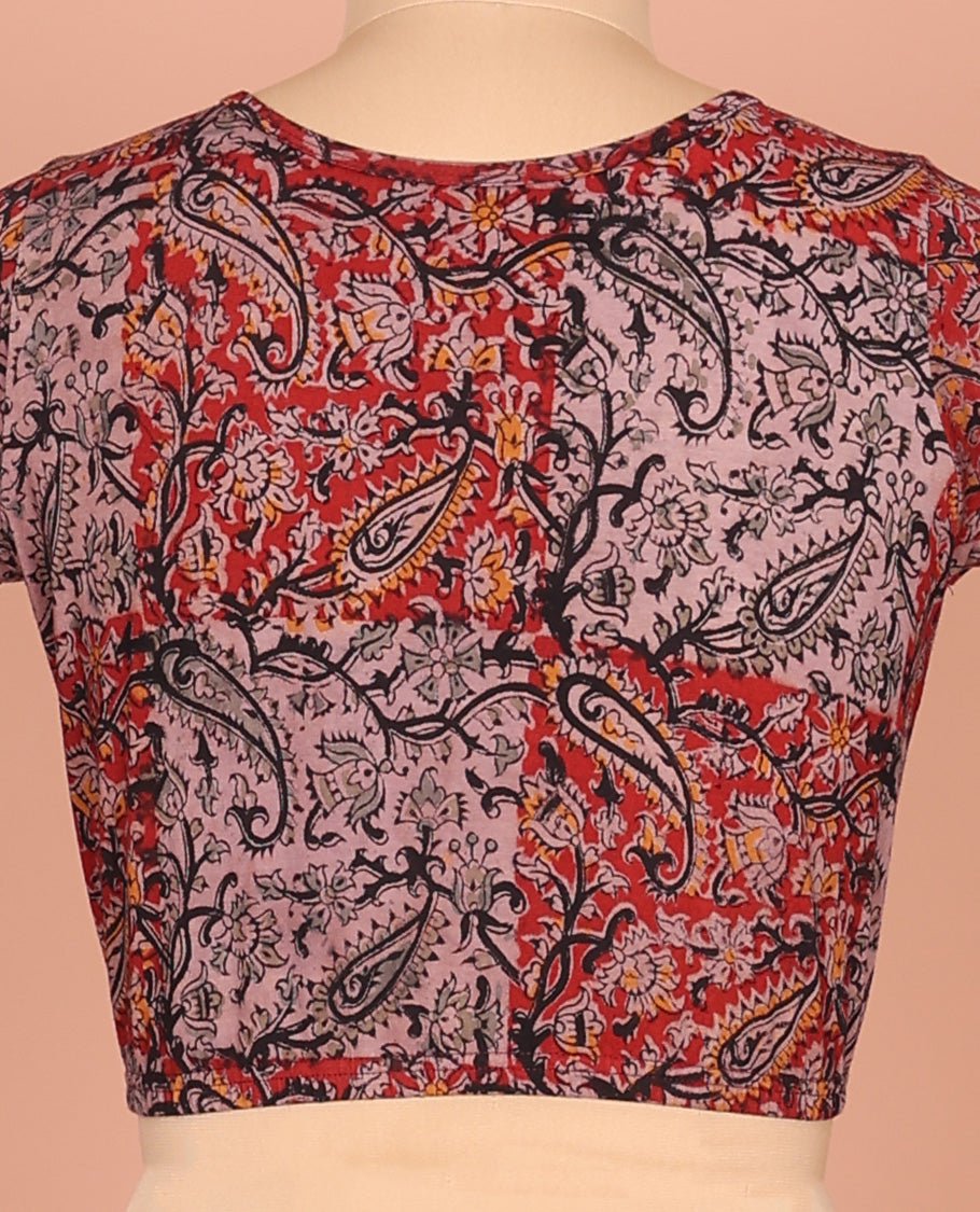 Pale Purple and Red Cotton Readymade Blouse Accentuated with All-Over Paisley and Floral Vine Print, Featuring a Front Round-Neck, a Closed Back Neck, and Elbow Sleeves