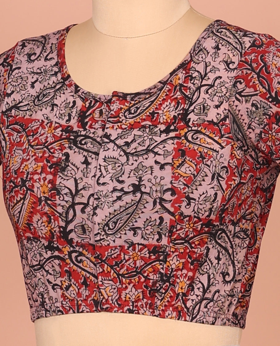 Pale Purple and Red Cotton Readymade Blouse Accentuated with All-Over Paisley and Floral Vine Print, Featuring a Front Round-Neck, a Closed Back Neck, and Elbow Sleeves