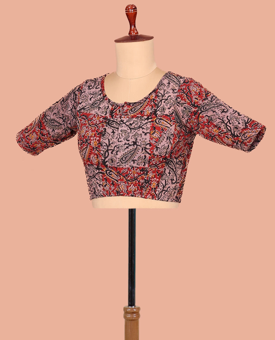 Pale Purple and Red Cotton Readymade Blouse Accentuated with All-Over Paisley and Floral Vine Print, Featuring a Front Round-Neck, a Closed Back Neck, and Elbow Sleeves
