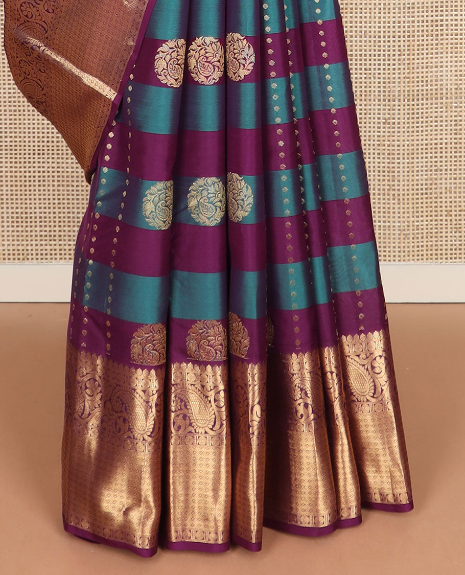 Purple-blue striped & zari design vasundhara silkmix saree,contrast jaal pallu & border of thilakam,banaras,rudraksham,floral & manga