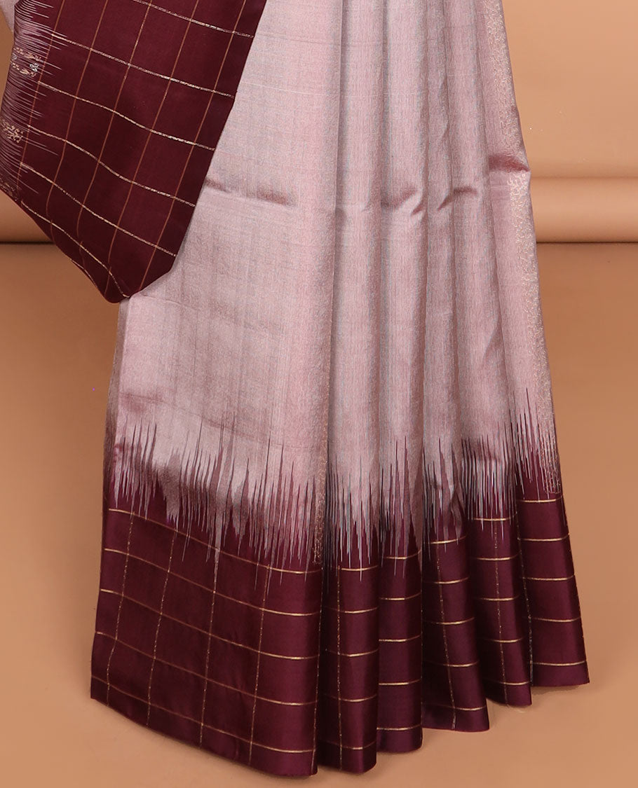 Peach soft silk saree with contrast checked border & floral jacquard design pallu