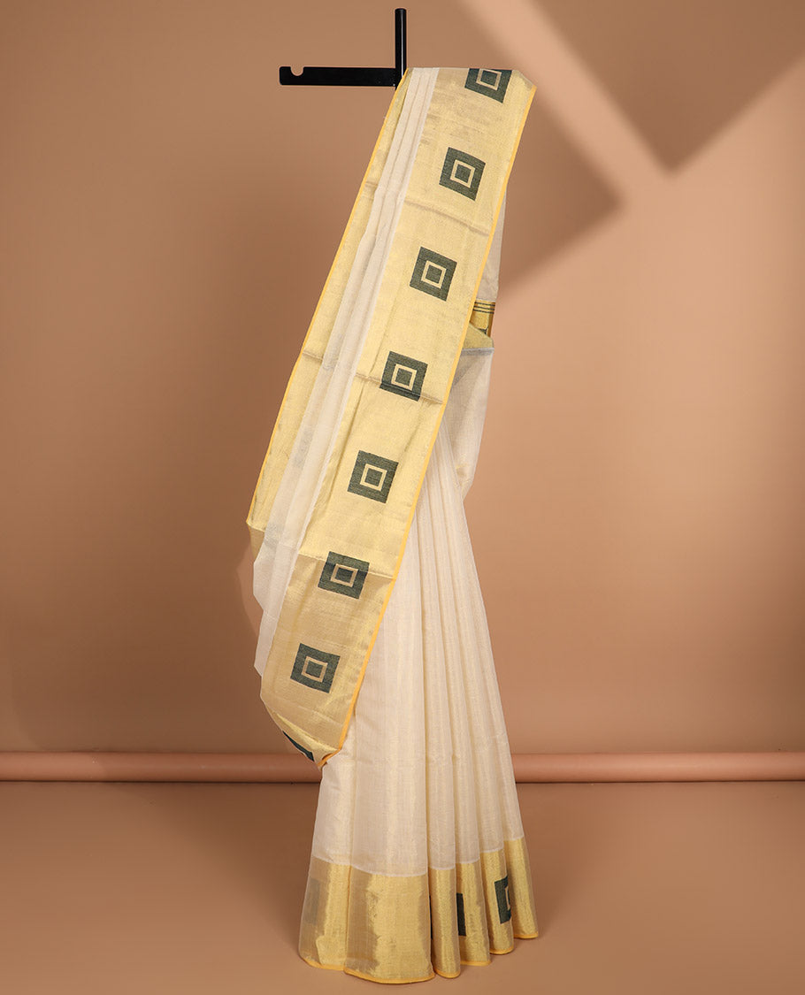 Cream kasavu saree with contrast geometric design border & striped, geometric design pallu
