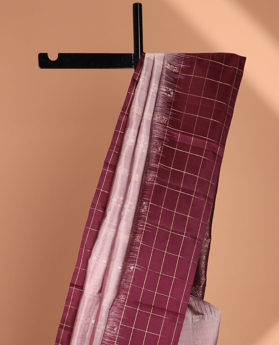 Peach soft silk saree with contrast checked border & floral jacquard design pallu