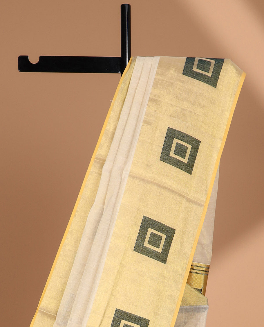 Cream kasavu saree with contrast geometric design border & striped, geometric design pallu