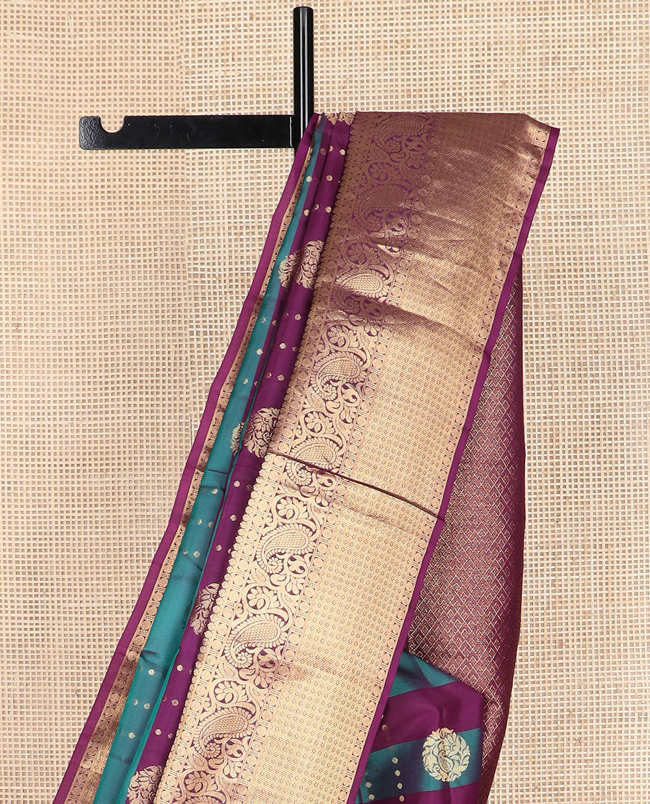 Purple-blue striped & zari design vasundhara silkmix saree,contrast jaal pallu & border of thilakam,banaras,rudraksham,floral & manga