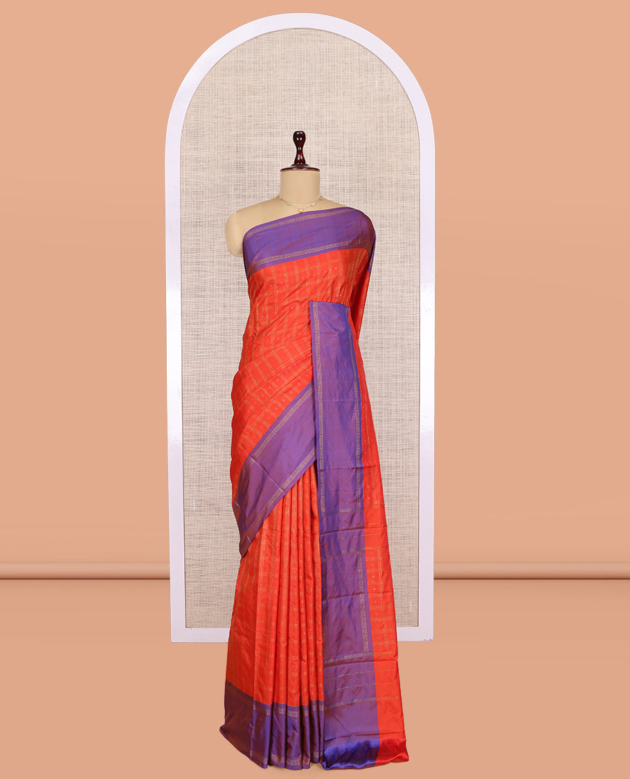 Orange Arani Saree, Detailed with Zari Butta Enclosed Checks, a Contrast Bodi Border, Pallu of Zari Design, and a Matching Blouse