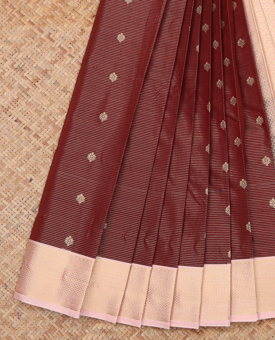 Maroon Budget Silk Saree, Detailed with Zari Buttas and Stripes, a Contrast Traditional Zari Border, Grand Pallu, and a Contrast Blouse